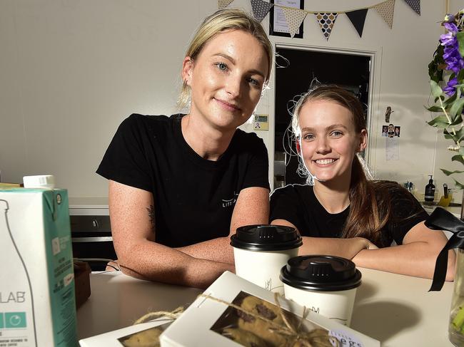 Little Pegs owner Bec Maisey with staff member Maddy Crimston-Smith, who've opened an online shop to sell her coffee wares and is thriving during the coronavirus pandemic. PICTURE: MATT TAYLOR.