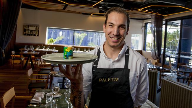 HOTA's new venue,  Palette restaurant. Executive chef Dayan Hartill-Law holding a  Voroni, little cocoa chocolate flavours of banoffee dessert dish.  Picture: Jerad Williams