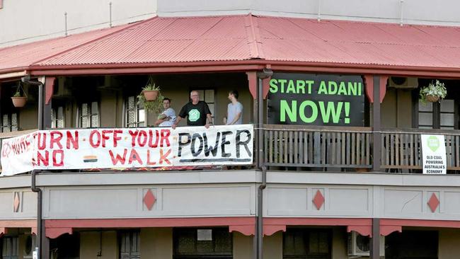 The Commercial Hotel Clermont, during the protest against the Bob Brown led Anti Adani Convoy, on the Herschel St near the show grounds, Clermont, on Saturday. Picture: Steve Pohlner/AAP