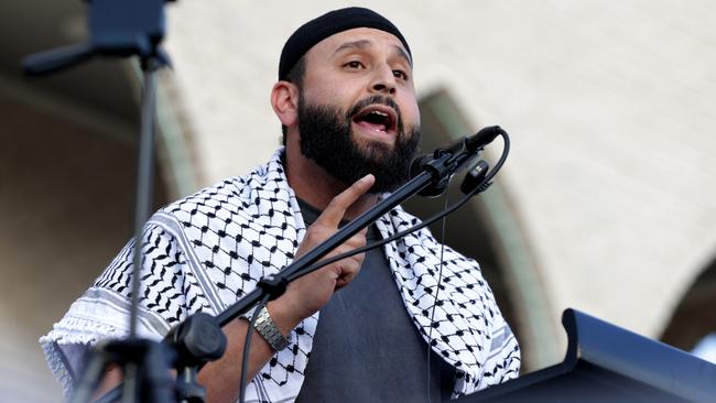 Hizb ut-Tahrir hosted a rally outside Lakemba Mosque on the anniversary of the October 7 attacks. Picture: Jane Dempster