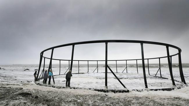 A salmon farm pen, washed up in Taroona during the flood. Picture: MATHEW FARRELL