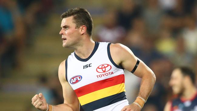 DARWIN, AUSTRALIA – JUNE 01: Brad Crouch of the Crows celebrates after kicking a goal during the round 11 AFL match between the Melbourne Demons and the Adelaide Crows at TIO Stadium on June 01, 2019 in Darwin, Australia. (Photo by Scott Barbour/Getty Images)