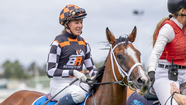 Kayla Crowther celebrates a win on Beauty Rising in February at Morphettville Parks. Picture: Makoto Kaneko