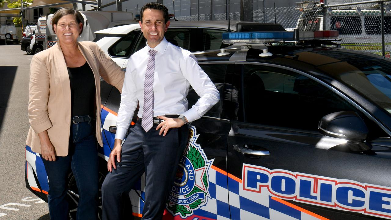 Premier David Crisafulli with Member for Mundingburra Janelle Poole at the Townsville Police Station. Picture: Evan Morgan