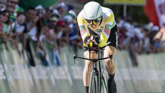 Rohan Dennis on his way to winning the opening stage time trial at the Tour de Suisse. Picture: Alexandra Wey (AP).