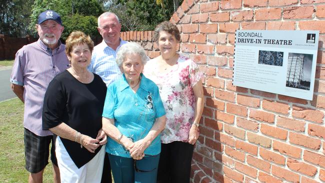 Pam Verney (front left) with Barry Irvine, John Andrew, Josie Piggott and Nerelle Gaske are happy a sign has been installed to acknowledge the old Boondall Drive-In and its significance to the area around Stanworth Road. Photo: Jacqueline Henry.