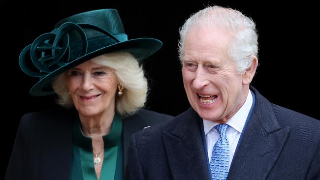 Queen Camilla and King Charles III depart from the Easter Matins Service at Windsor Castle. Picture: Getty Images.