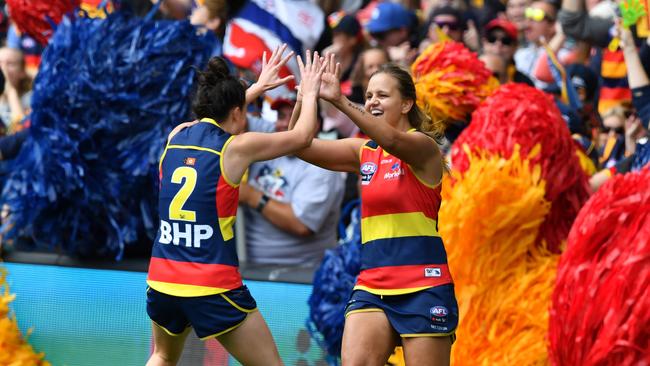 Danielle Ponter celebrates with Eloise Jones during the AFLW Grand Final. Picture: AAP Image/David Mariuz