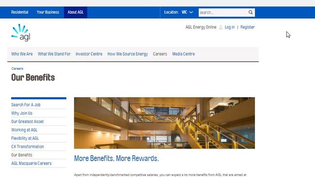 The AGL employee website spruiking its benefits, including an electricity discount.