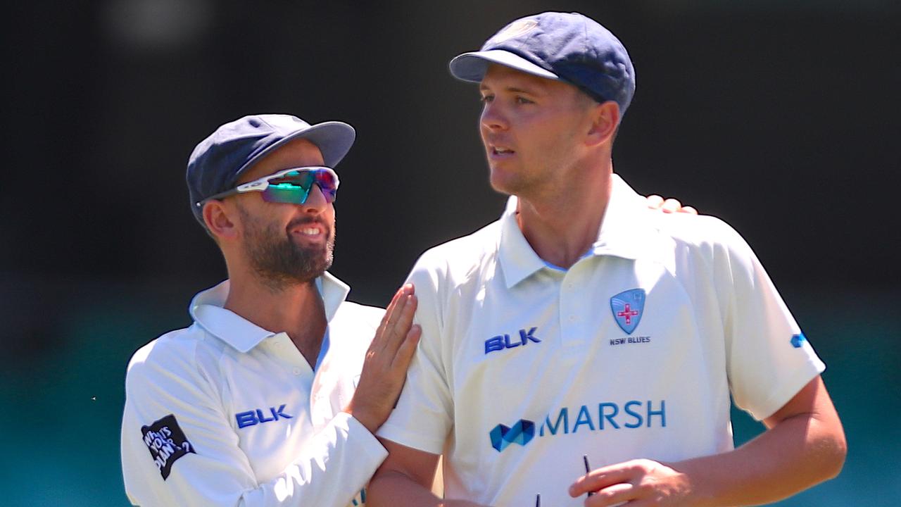 New South Wales bowler Josh Hazlewood with Nathan Lyon. AAP Image/David Gray