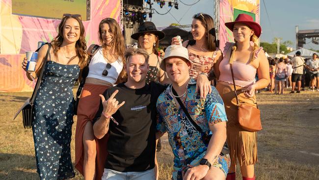 McKenzie Scarff, Saysha Ham, Caia Mckenzie, Jason Finn, Melissa Collins, Thomas Noblett and Bilee Harrington at BASSINTHEGRASS 2023. Picture: Pema Tamang Pakhrin