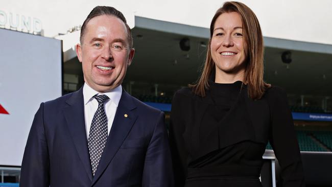 Qantas CEO Alan Joyce with Chief Executive of Qantas's loyalty business Olivia Wirth at the SCG on the 20th of June 2019. Qantas has announced changes to their Frequent flyers program. Photographer: Adam Yip