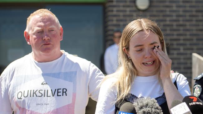 Samantha Murphy’s husband Mick and daughter Jess speak to media outside Ballarat West Police Station. Picture: NCA Newswire