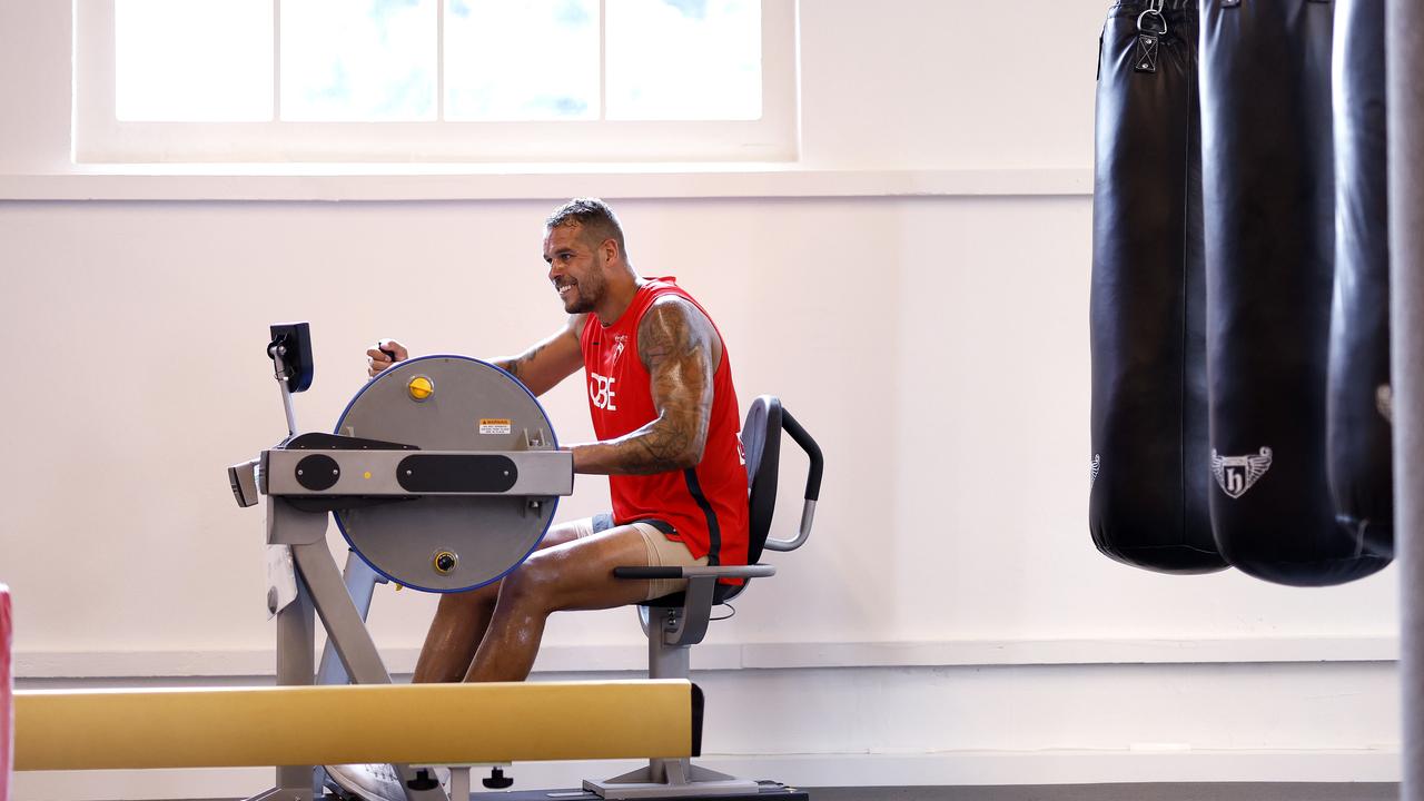 Lance Franklin in the gym in the new Sydney Swans HQ. Picture: Phil Hillyard