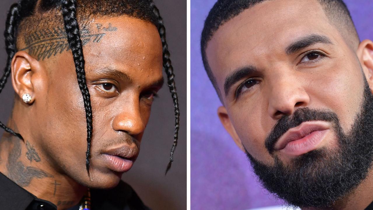 (COMBO)(FILES) This combination of file pictures created on November 6, 2021 shows (L) US rapper Travis Scott arriving for the 2021 MTV Video Music Awards at Barclays Center in Brooklyn, New York, September 12, 2021 and (R) US rapper Drake attending the Los Angeles premiere of the new HBO series 