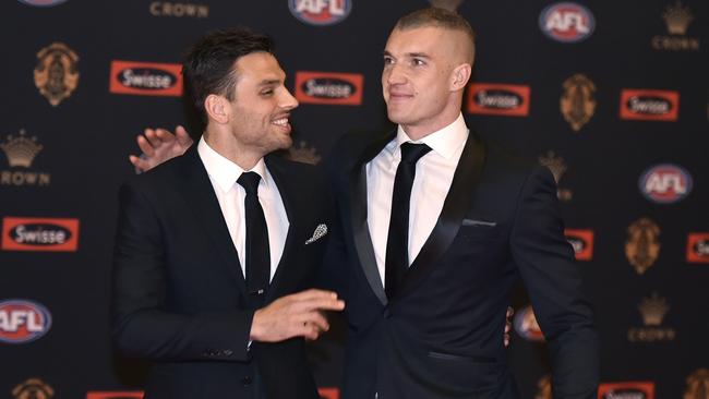 Mates Sam Lloyd and Dustin Martin at the 2017 Brownlow. Picture: Jason Edwards