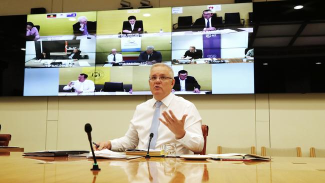 Scott Morrison holds a national cabinet meeting at Parliament House on August 7. Picture: Adam Taylor/PMO