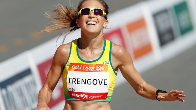 Trengove in the final moments of her medal-winning marathon final performance at 2018 Gold Coast Commonwealth Games. Picture: Adrian Dennis/ AFP PHOTO