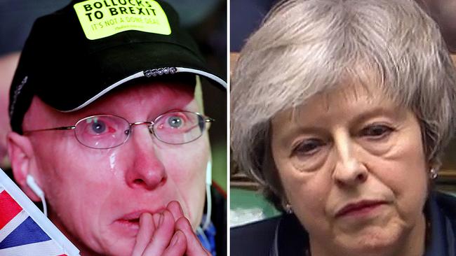 A Brexit protester (left) and British PM Theresa May.