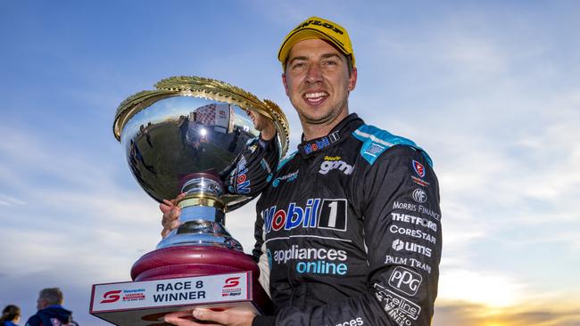 Chaz Mostert celebrates his win in Tasmania in 2021.