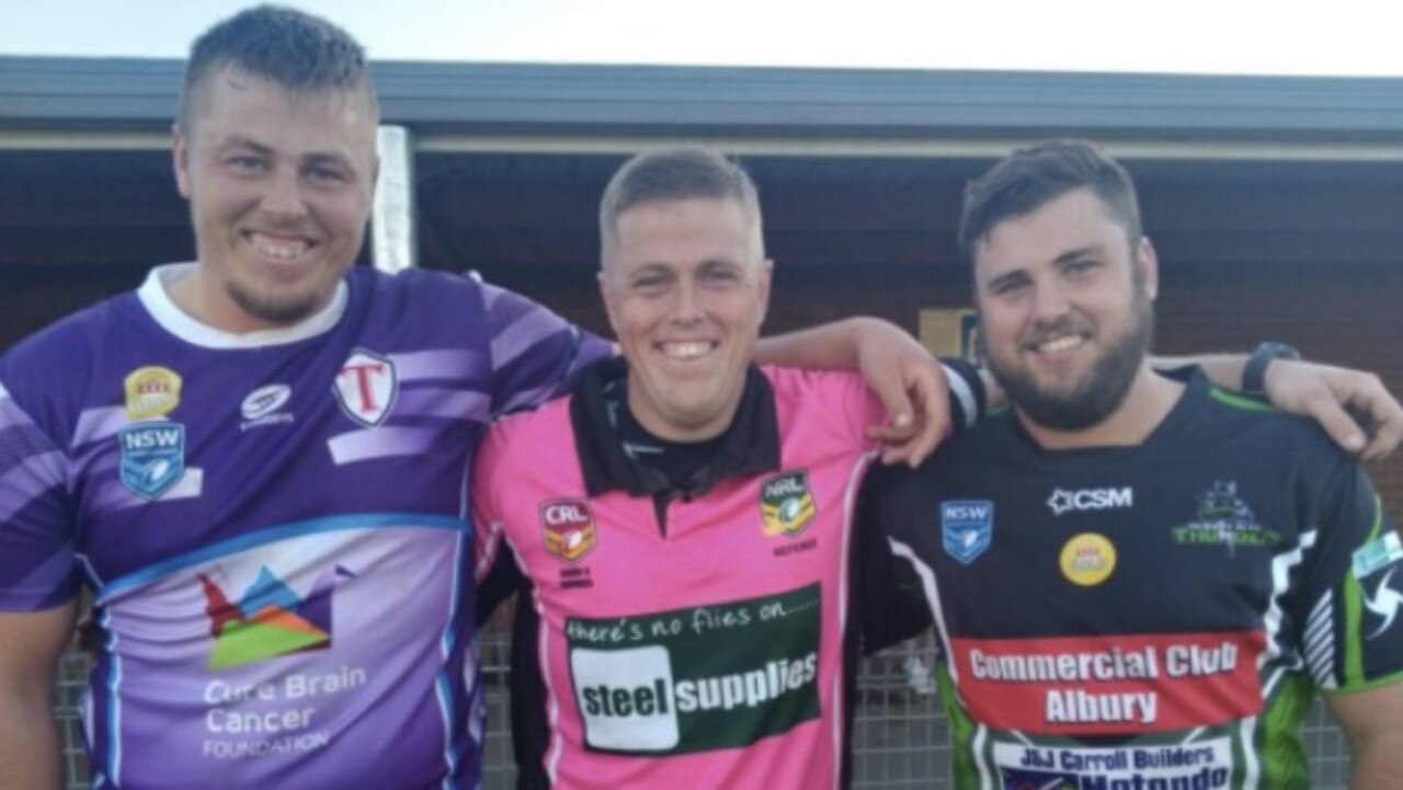 Sean Byatt (middle) refereed a game which featured brothers Matt (left) from Tumut Blues and Robbie (Albury Thunder).