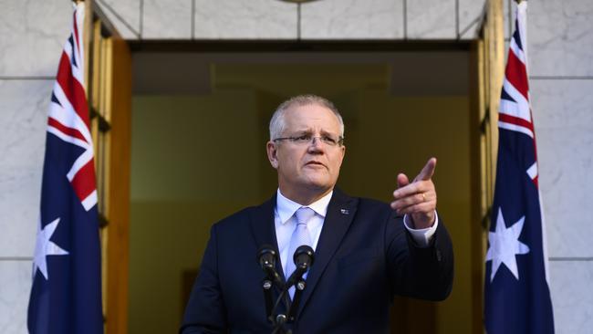 Prime Minister Scott Morrison announces his cabinet in the Prime Ministers Courtyard at Parliament House in Canberra, yesterday. Picture: AAP