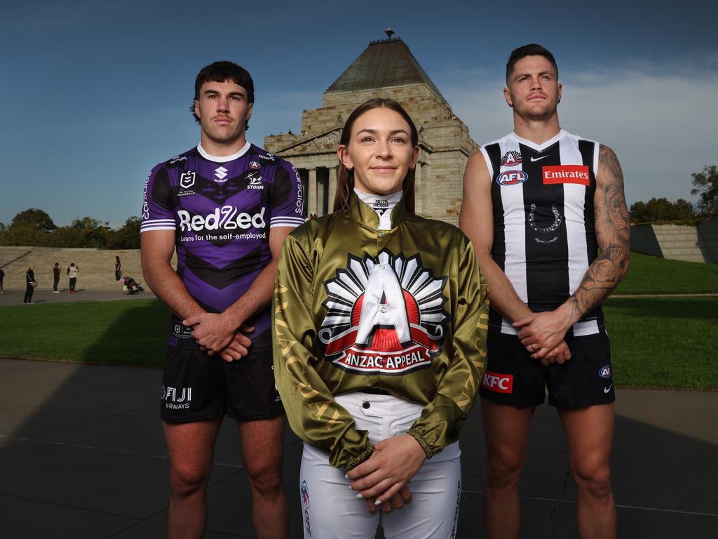 Anderson, Gaudray and Crisp represent Melbourne’s Anzac Day sporting traditions. Picture: David Caird