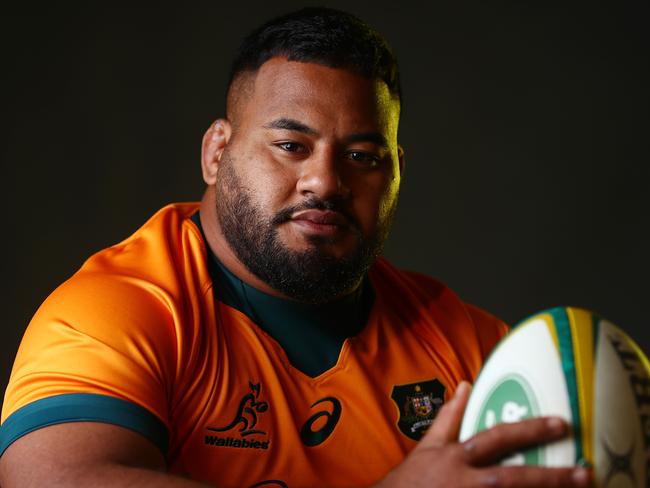 GOLD COAST, AUSTRALIA - JUNE 23: Taniela Tupou poses during the Australian Wallabies player portrait session at Event Cinemas Coomera on June 23, 2021 in Gold Coast, Australia. (Photo by Chris Hyde/Getty Images for Rugby Australia)