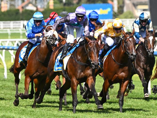 MELBOURNE, AUSTRALIA - FEBRUARY 24: Jamie Kah riding Hayasugi defeats Adam Hyeronimus riding Lady of Camelot to win Race 8, the Sportsbet Blue Diamond Stakes, during Melbourne Racing at Caulfield Racecourse on February 24, 2024 in Melbourne, Australia. (Photo by Vince Caligiuri/Getty Images)