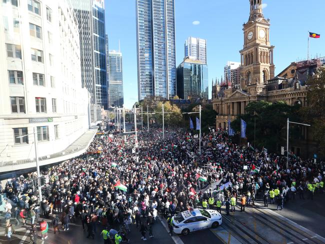 Members of the public gather at Sydney Town Hall to protest. Picture: NCA NewsWire / Gaye Gerard