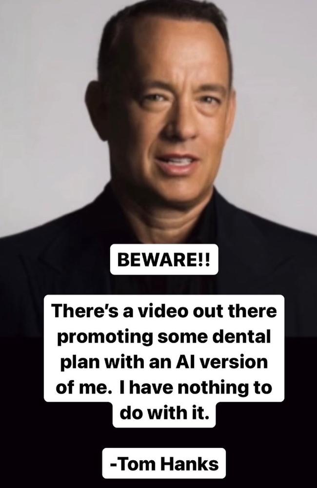 Tom Hanks issued a warning over this hoax video featuring a computer-generated image of him. Picture: Tom Hanks/Instagram