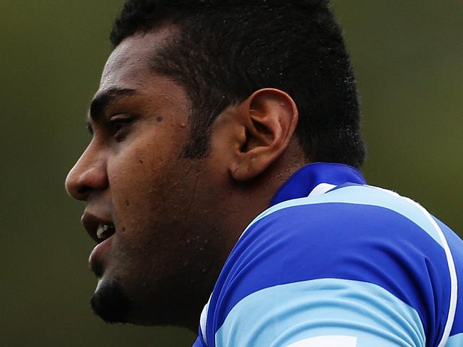 Taqele Naiyaravaro who is the giant Balmain Tiger who signed this week with the NSW Waratahs Super Rugby team, breaks away to score a try during his debut for Parramatta against Eastwood at Millner Field, Sydney. Pic Brett Costello