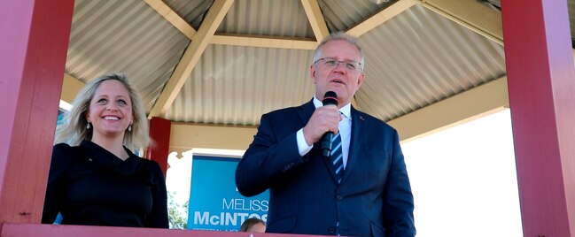 Prime Minister Scott Morrison and Melissa McIntosh address the crowd at St Marys Train Outposts.