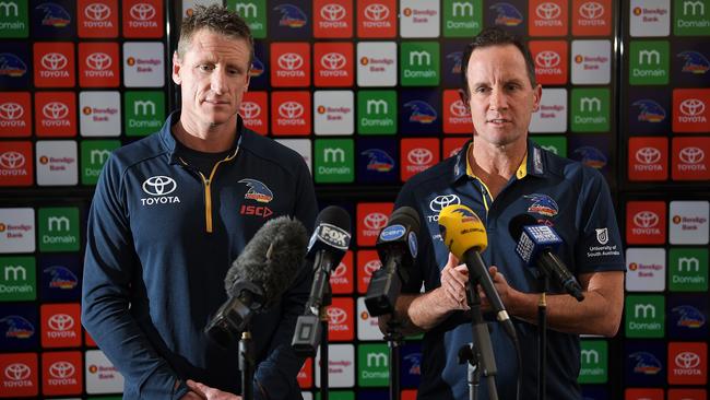 Adelaide Crows football manager Brett Burton and senior coach Don Pyke address the Collective Mind pre-season camp issue in June. Picture: Getty Images