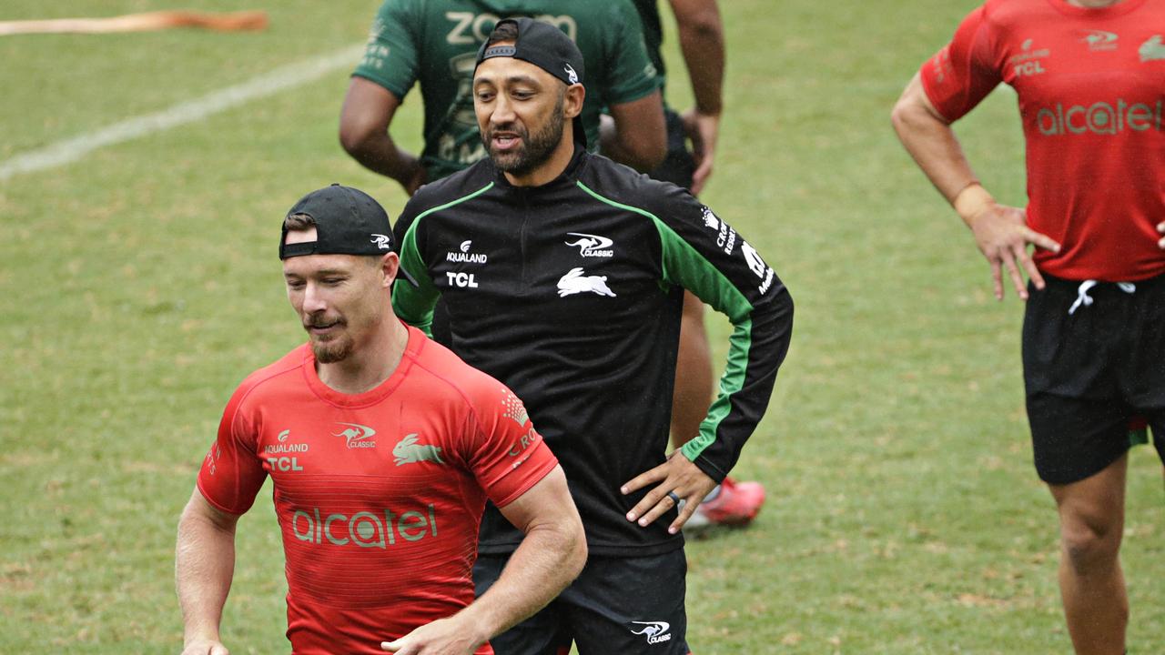 Benji Marshall had a few words for Damien Cook at training. Picture: Adam Yip