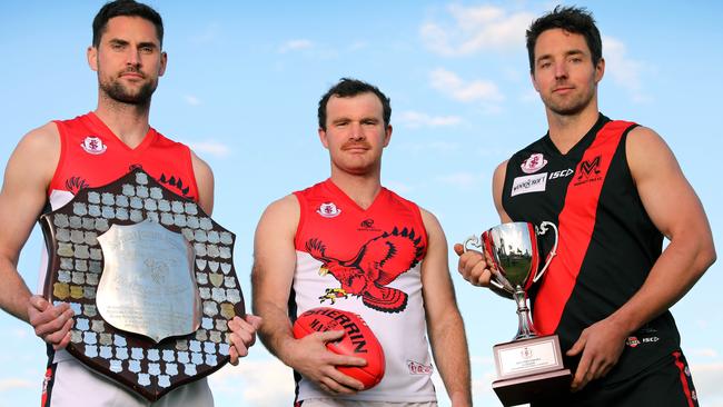 Flagstaff Hill co-captains, Michael Shearer(C), and David Kearsley(L), with Morphett Vale acting captain Michael Smith, with the Premiership Cup and Shield before the 2021 SFL grand final. Picture: Dean Martin