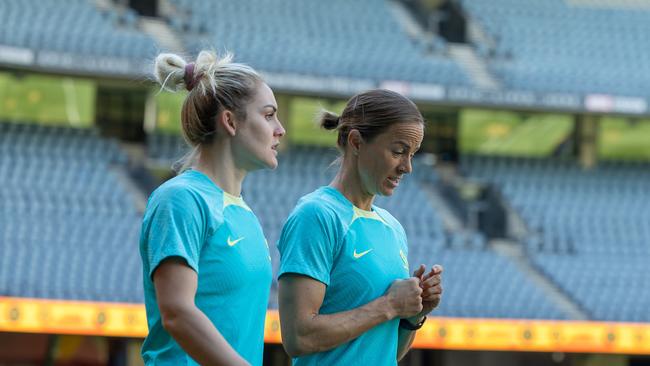 Ellie Carpenter and Aivi Luik? CommBank Matildas Official Training Session at Marvel Stadium ahead of their match against uzbekistan. Picture: Jason Edwards