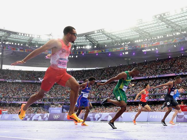 P Andre De Grasse of Team Canada crosses the finish line to win the gold. Picture: Michael Steele/Getty Image