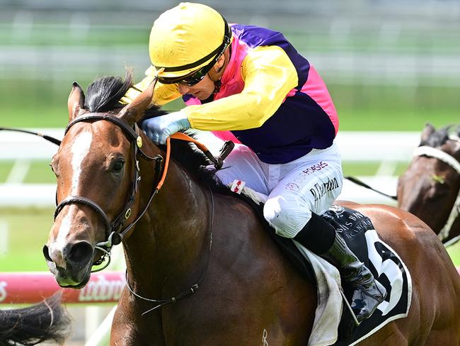 The Shaun Dwyer-trained filly Dragonne Rouge wins a 2YO open handicap race at a wet Doomben on April 12, 2025. Picture: Grant Peters / Trackside Photography