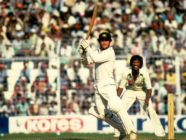 Allan Border cuts during the 1979 tour of India. Picture: Adrian Murrell/Allsport