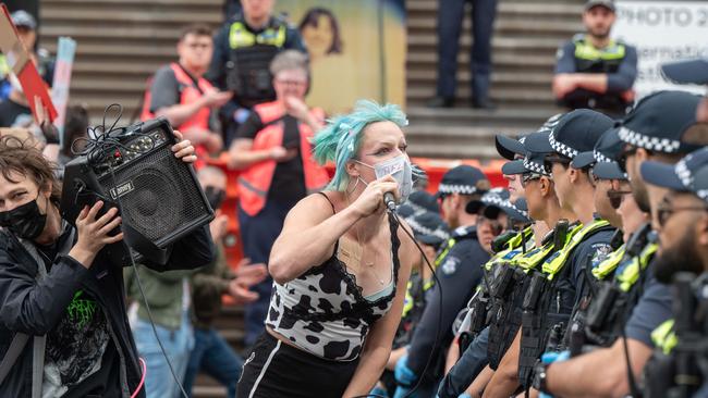 A protester at Saturday’s rally. Picture: Tony Gough