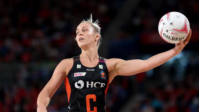 SYDNEY, AUSTRALIA - MAY 19:  Jamie-Lee Price of the Giants catches the ball during the round six Super Netball match between NSW Swifts and Giants Netball at Ken Rosewall Arena, on May 19, 2024, in Sydney, Australia. (Photo by Matt King/Getty Images)