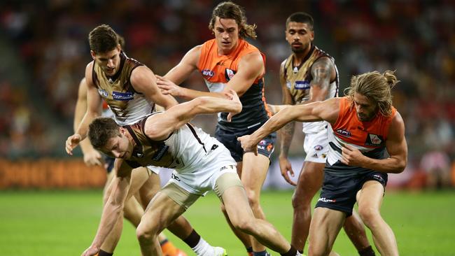 Hawthorn had no answer for GWS pressure on the ball carrier. Picture: Getty