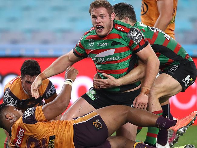 Thomas Burgess yells his approval after scoring a sensational try.