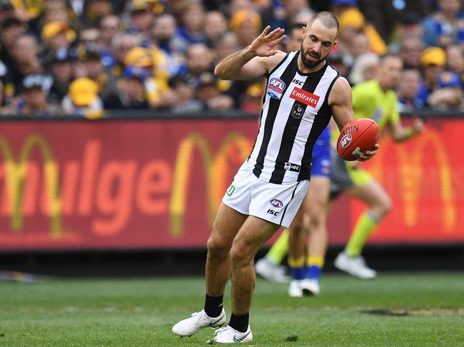 Steele Sidebottom of the Magpies is seen during the 2018 AFL Grand Final between the West Coast Eagles and the Collingwood Magpies at the MCG in Melbourne, Saturday, September 29, 2018. (AAP Image/Julian Smith) NO ARCHIVING, EDITORIAL USE ONLY