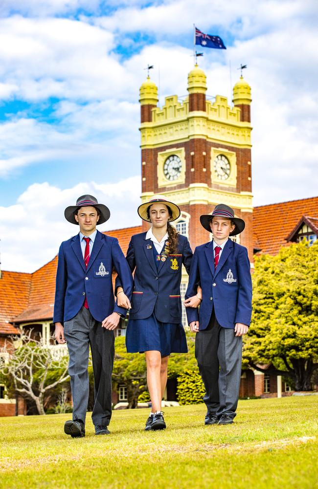 18-year-old Rose Mayne from St Hilda's Southport (centre) with brothers William (age 16) and Lachlan (age 14) from The Southport School. Their mother Wendy described the boarding situation with the closed border as “gut-wrenching”. Picture: Richard Walker