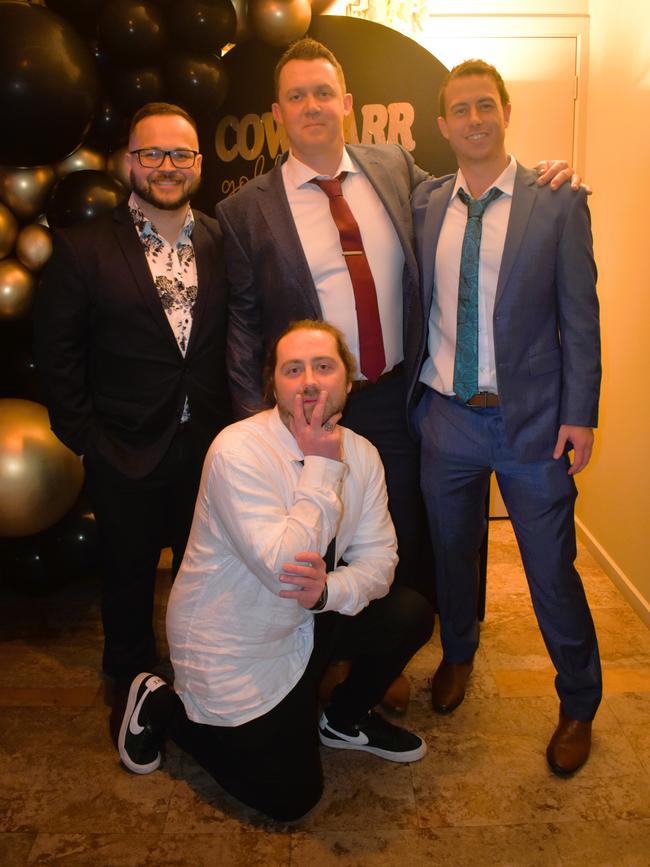 John Burt, Matt Cameron, Aaron Amory and Sam Scammell having a great night at the Cowwarr Saints Football &amp; Netball Club Golden Gala Ball 2024. Picture: Jack Colantuono