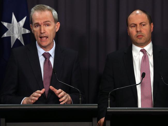 Government mental health spokesman David Coleman with Treasurer Josh Frydenberg, who handed down the budget on Tuesday. Picture: Gary Ramage