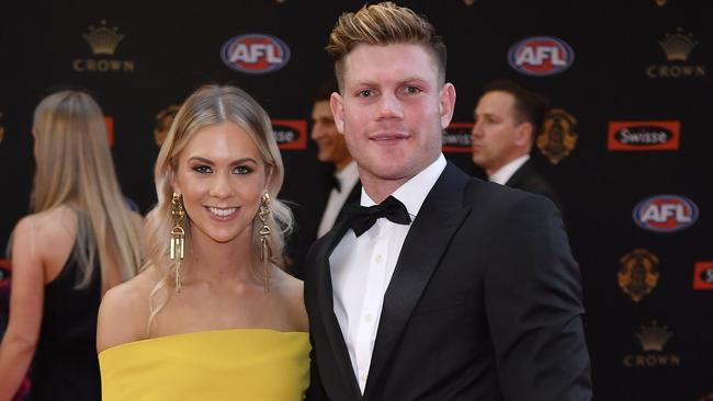 Taylor Adams and Ellie Thornycroft at the 2017 AFL Brownlow Medal count. Picture: Jason Edwards