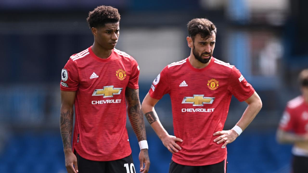 Marcus Rashford and Bruno Fernandes were left frustrated by Leeds. (Photo by Laurence Griffiths/Getty Images)